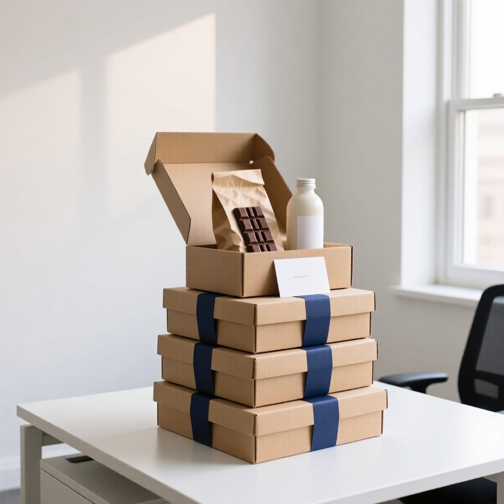 Stapel kraft kerstpakketten met blauwe band op een bureau bij het raam