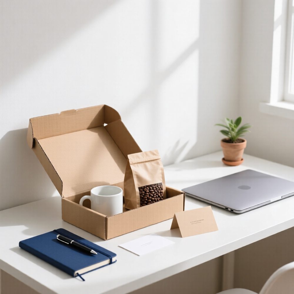 Open welkomstbox met mok, notitieboek, pen en koffie naast een laptop